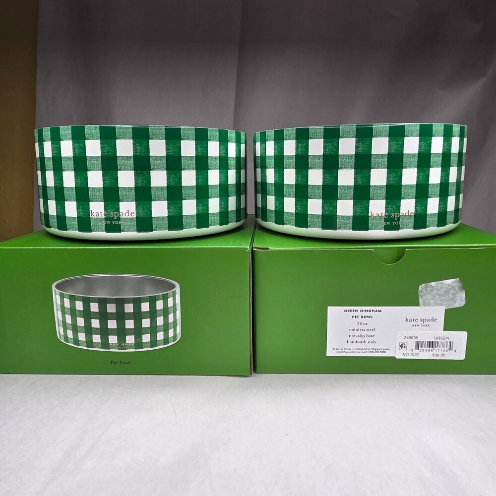 NWT Kate Spade Green Gingham Dog Cat Pet Food Bowls 32 oz Pair